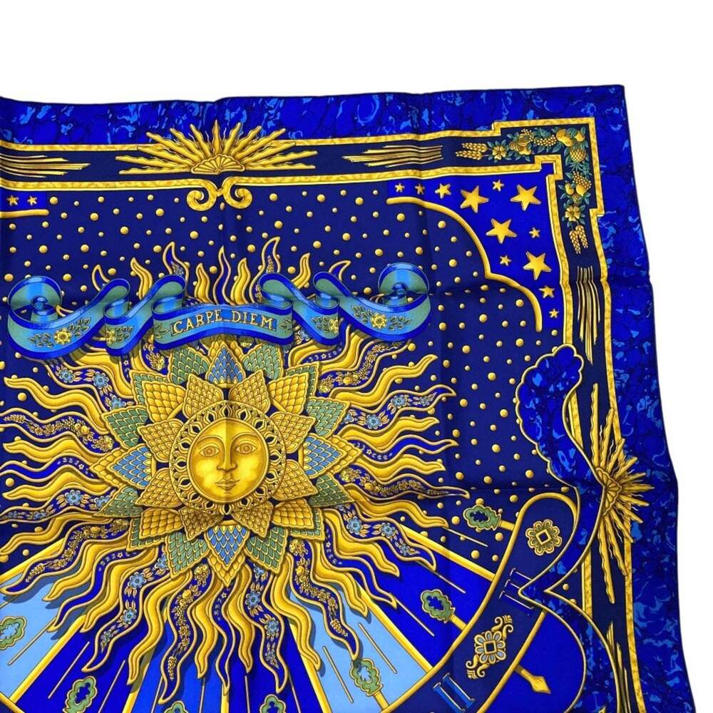 HERMES Carre 90 CARPE DIEM Enjoy Today Silk Scarf Stole Blue x Multicolor Wom... - Picture 7 of 11
